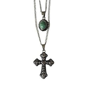 ASOS Layered Silver Cross Necklace with Green Stone Pendant